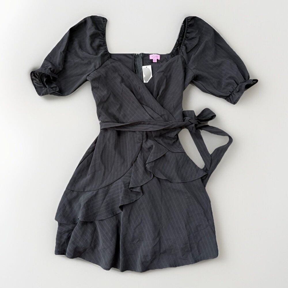 NWT Francesca's Collections Faye Ruffle Mini Dress Black Puff Sleeve Wrap Size S